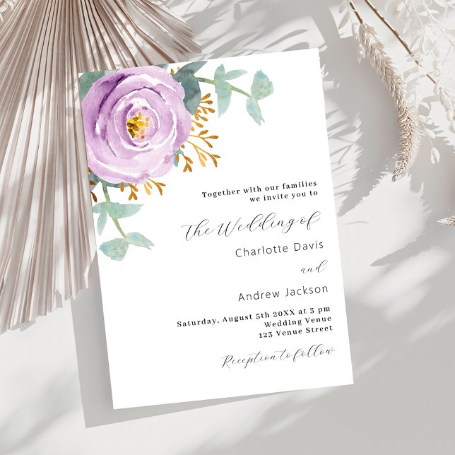 Violet purple floral greenery wedding invitation (Creator Uploaded)