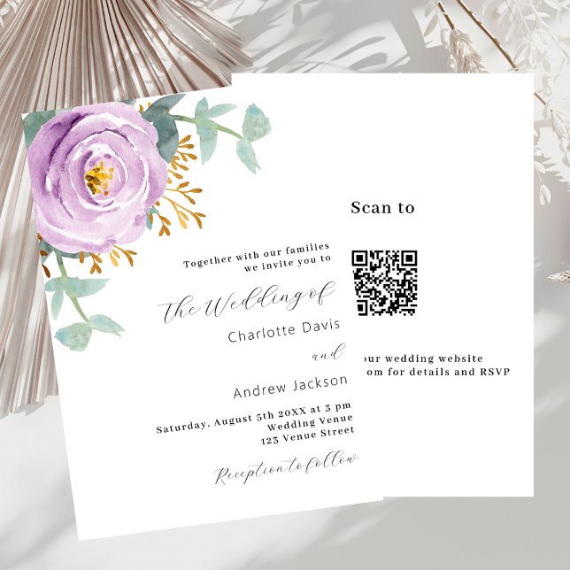 Violet purple floral QR code RSVP luxury wedding Invitation (Creator Uploaded)