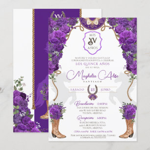 Violet Purple Floral Western Charro Quinceañera  Invitation