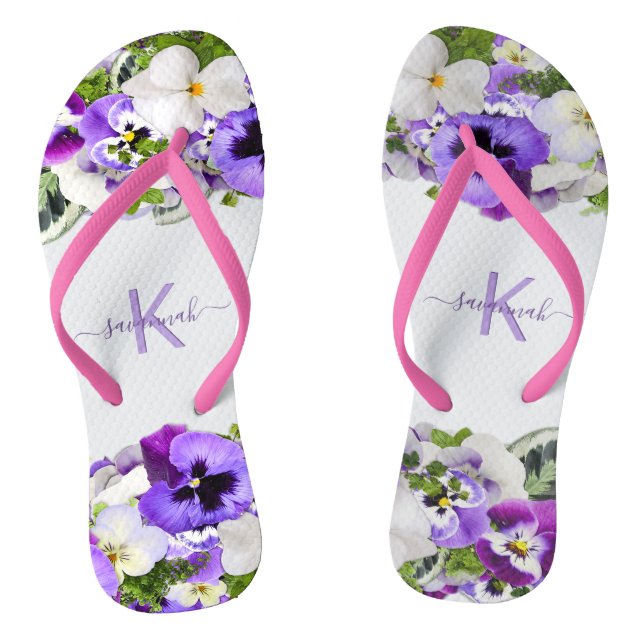 Violet purple florals white monogram name script flip flops (Footbed)