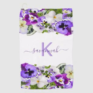 Violet purple florals white monogram name script golf towel