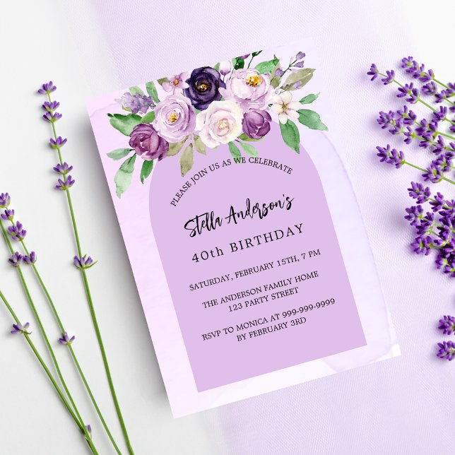 Violet purple flower greenery arch luxury birthday invitation (Creator Uploaded)