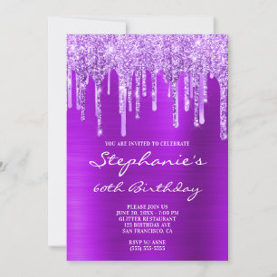 Violet Purple Glitter and Foil Drip 60th Birthday Invitation