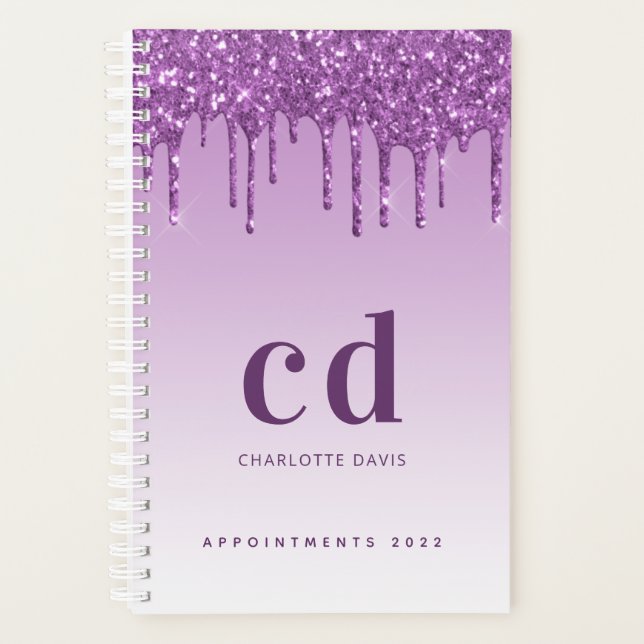 Violet purple glitter drips monogram planner (Front)