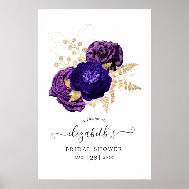 Violet, Purple & Gold Floral Bridal Shower Welcome Poster (Front)