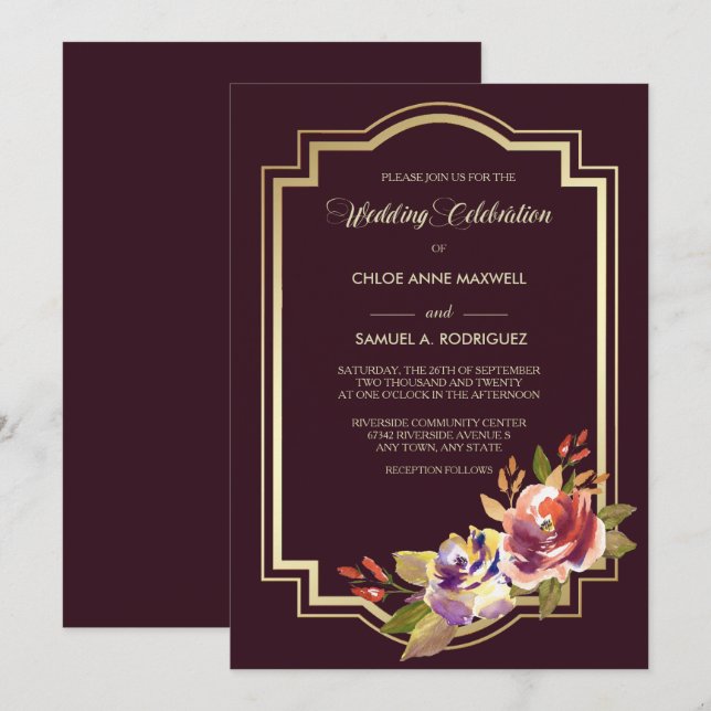 Violet Purple Gold Frame Floral Wedding Invitation (Front/Back)