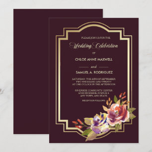 Violet Purple Gold Frame Floral Wedding Invitation