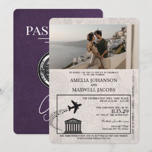 Violet Purple Greece Passport Wedding Invitation