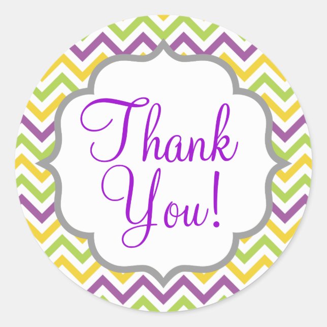 Violet Purple, Green, and Yellow Chevron Stripes Classic Round Sticker (Front)