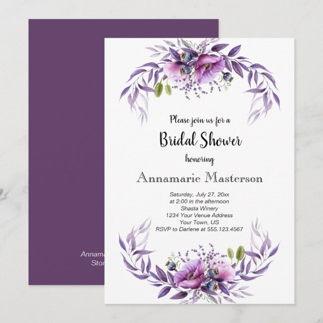 Violet Purple Lavender Floral Bridal Shower Invitation (Front/Back)