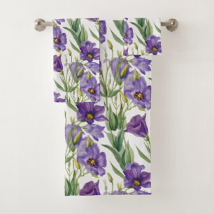 Violet Purple Lilac Bellflowers & Green Leaves Bath Towel Set