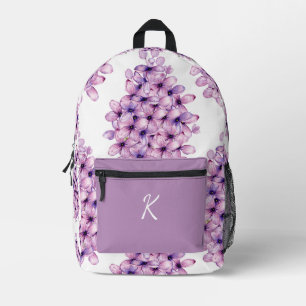 VIOLET PURPLE LILAC FLOWER PATTERN CUSTOM NAME PRINTED BACKPACK