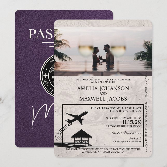 Violet Purple Maldives Passport Wedding Invitation (Front/Back)