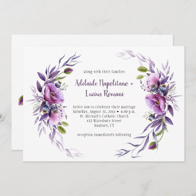 Violet Purple Mauve Wildflowers Frame Wedding | Invitation (Front/Back)
