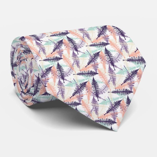 Violet Purple Mint Green Orange Fern Leafs Pattern Tie (Rolled)