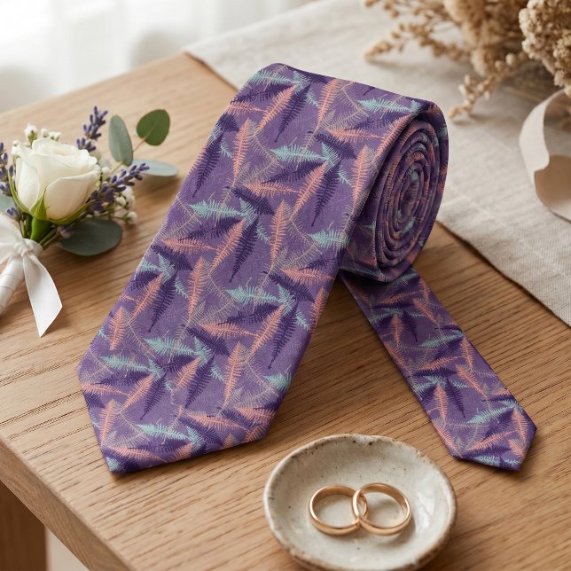 Violet Purple Mint Green Orange Fern Leafs Pattern Tie (Creator Uploaded)