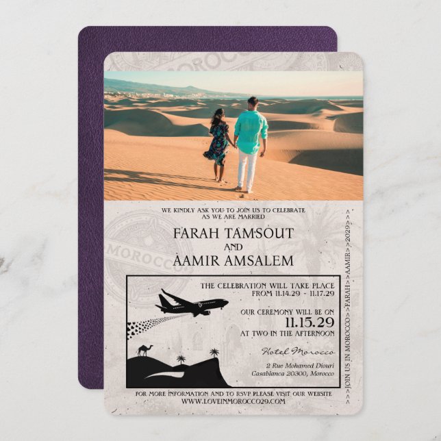 Violet Purple Morocco Passport Wedding Invitation (Front/Back)