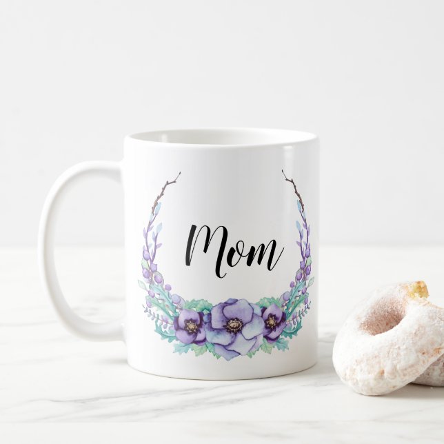 Violet Purple Mum Mug Watercolor Flowers Delicate (With Donut)