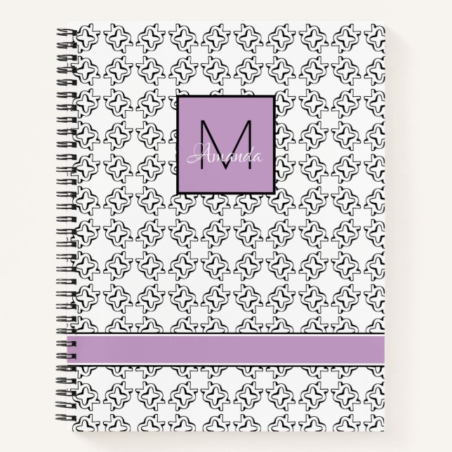 Violet Purple on Black & White Pattern Notebook (Front)