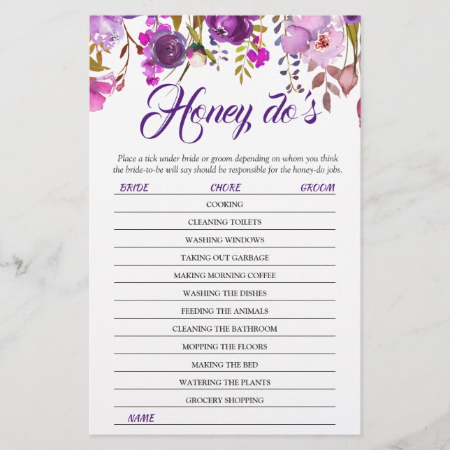 Violet Purple Peony Floral Bridal Shower Game (Front)