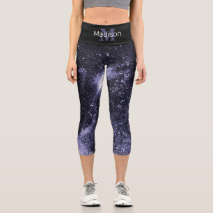 Violet purple peri black abstract galaxy Monogram Capri Leggings