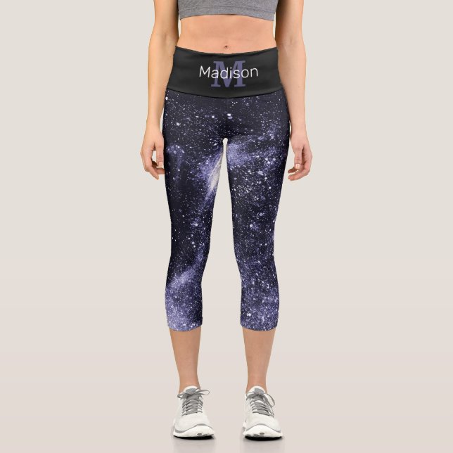 Violet purple peri black abstract galaxy Monogram Capri Leggings (Front)