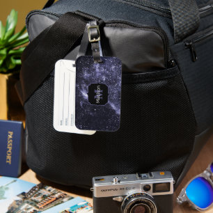 Violet purple peri black abstract galaxy Monogram Luggage Tag
