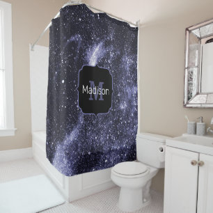Violet purple peri black abstract galaxy Monogram  Shower Curtain