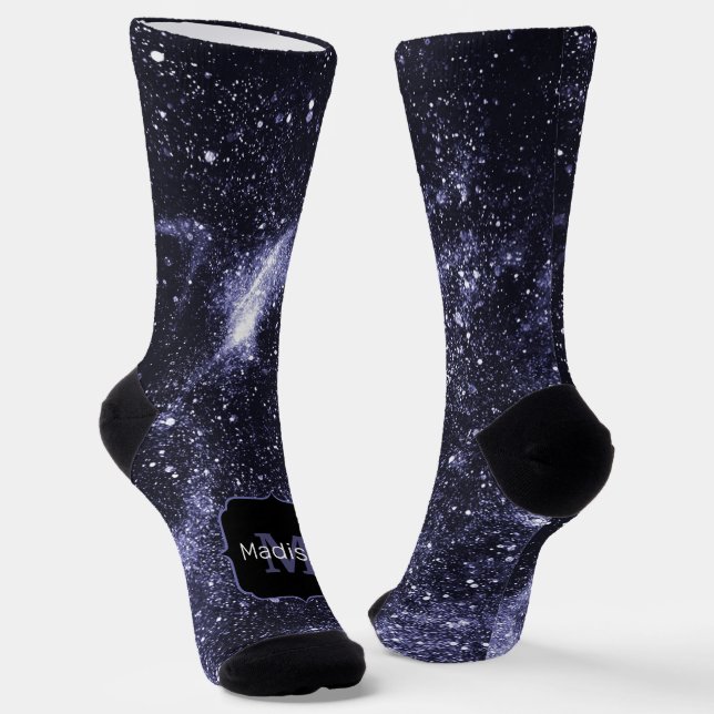 Violet purple peri black abstract galaxy Monogram Socks (Angled)