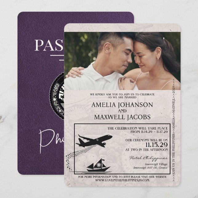 Violet Purple Philippines Passport Wedding Invitation (Front/Back)