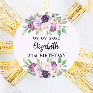 Violet purple pink florals birthday classic round sticker