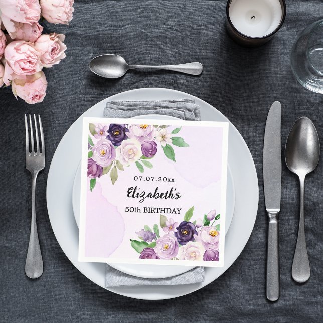 Violet purple pink florals birthday napkin (Creator Uploaded)