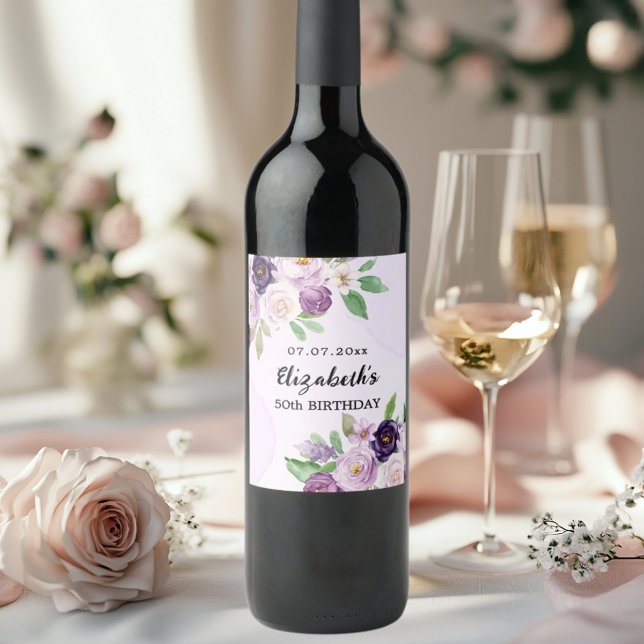 Violet purple pink florals birthday wine label (Creator Uploaded)