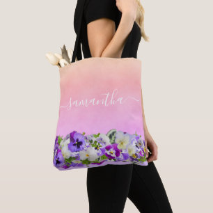 Violet purple pink rose gold florals name tote bag