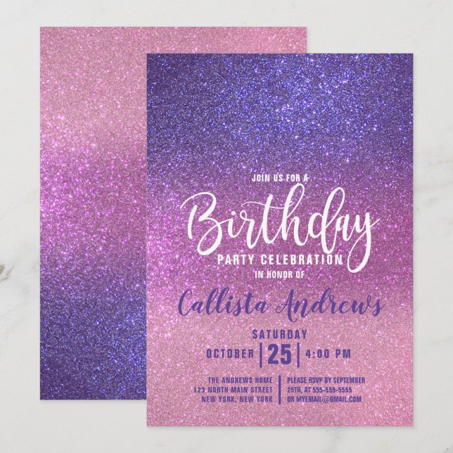 Violet Purple Pink Triple Glitter Ombre Birthday Invitation (Front/Back)