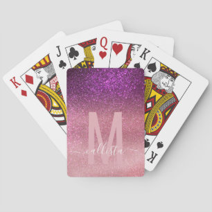 Violet Purple Pink Triple Glitter Ombre Monogram Playing Cards