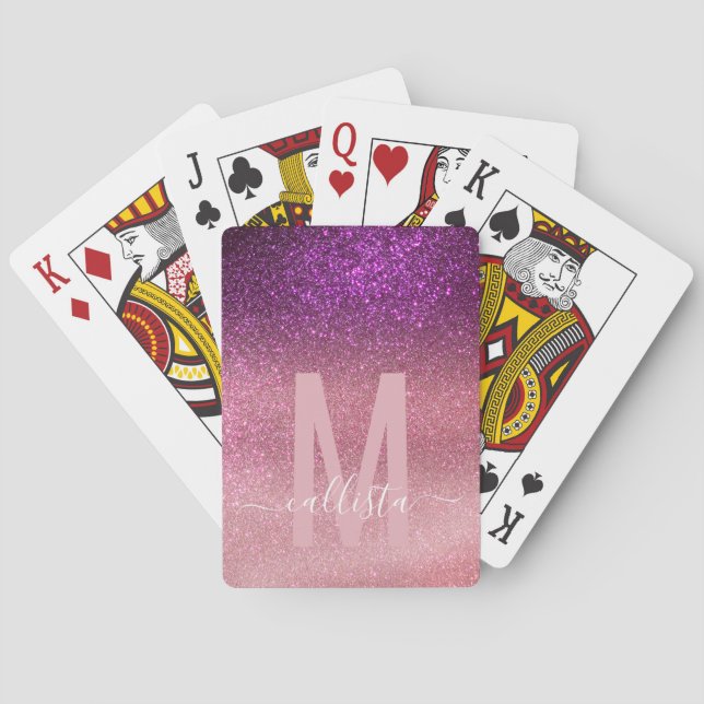 Violet Purple Pink Triple Glitter Ombre Monogram Playing Cards (Back)