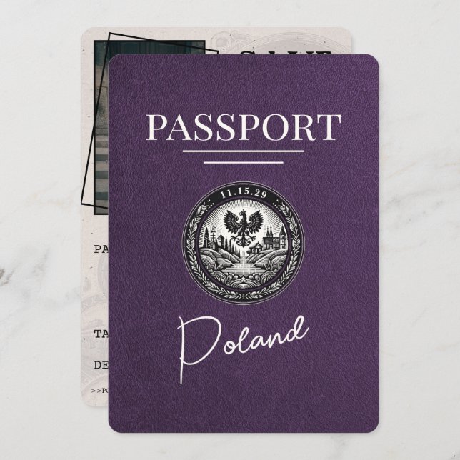 Violet Purple Poland Passport Save The Date (Front/Back)
