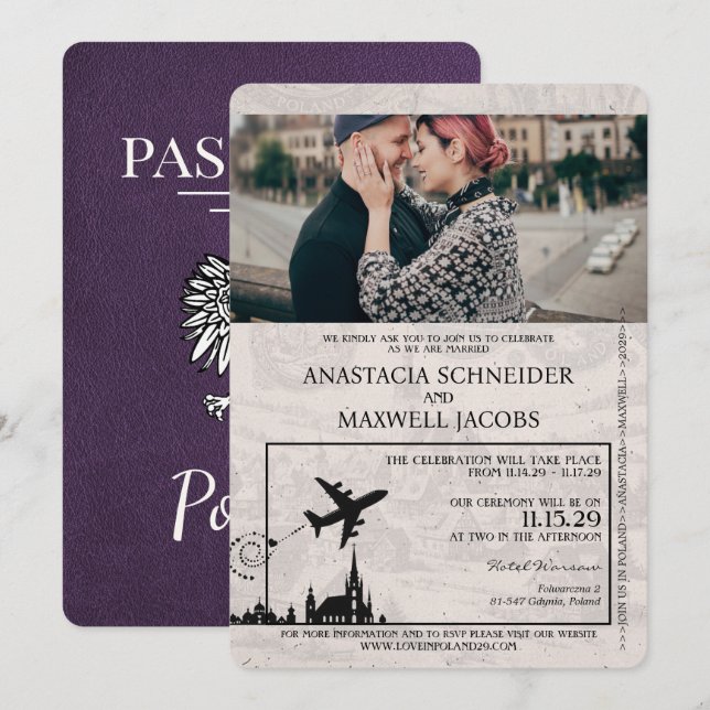 Violet Purple Poland Passport Wedding Invitation (Front/Back)