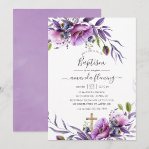 Violet Purple Poppy Floral Baptism Invitation