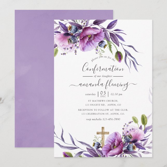 Violet Purple Poppy Floral Confirmation Invitation (Front/Back)