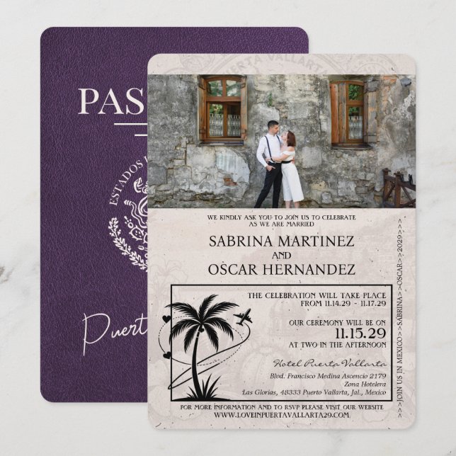 Violet Purple Puerta Vallarta Passport Wedding Invitation (Front/Back)