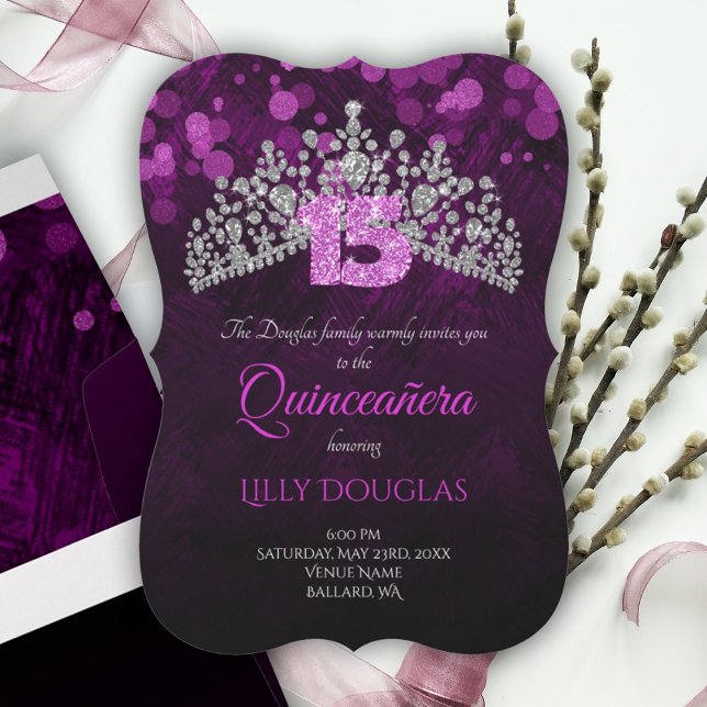 Violet, Purple Quinceanera with Tiara Invitation (Dark purple, plum purple quinceanera, silver diamond tiara, glitter pink number 15, 15th birthday)