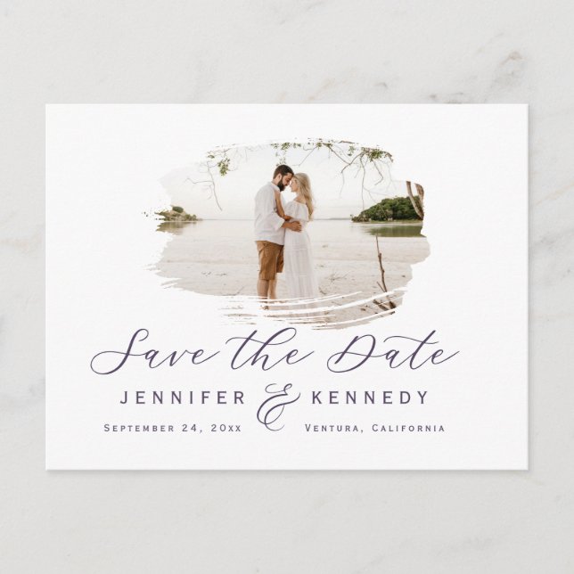 Violet Purple Romantic Brushed Frame Save The Date Postcard (Front)