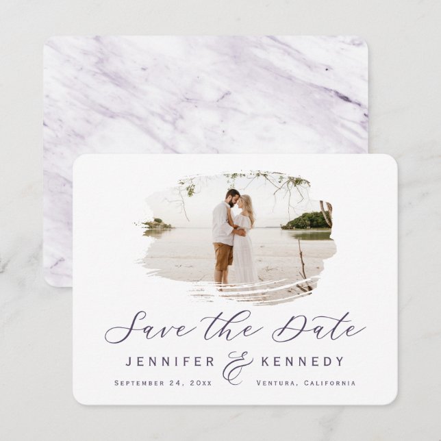 Violet Purple Romantic Brushed Frame with Photo Save The Date (Front/Back)