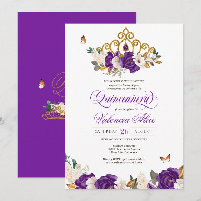 Violet Purple Rose Butterfly Gold Tiara Quince Invitation (Front/Back)