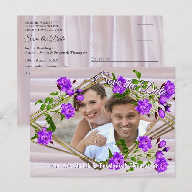 Violet-purple Roses on Rose-pink Silk Announcement Postcard (Front/Back)