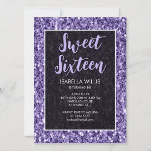 Violet purple sparkles Sweet 16 elegant script Invitation