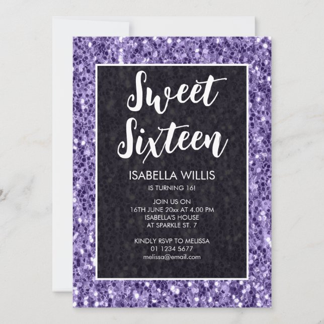 Violet purple sparkles Sweet 16 elegant script Invitation (Front)