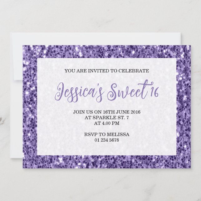 Violet purple sparkles Sweet 16 elegant script Invitation (Front)